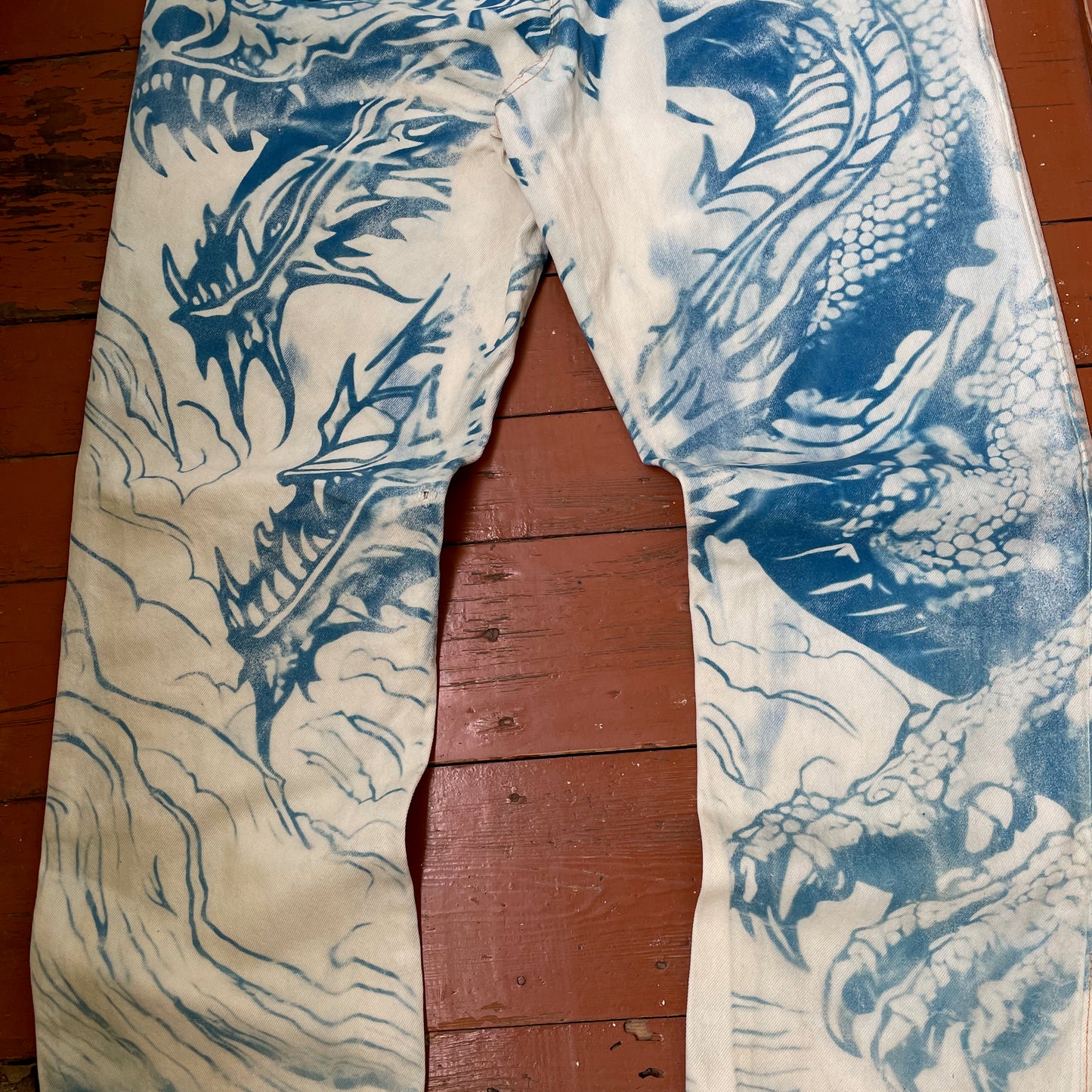 Custom Dickies Dragon Jeans – Hand-Faded Blue Dragon Art | Vintage Workwear 1 of 1