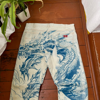 Custom Dickies Dragon Jeans – Hand-Faded Blue Dragon Art | Vintage Workwear 1 of 1