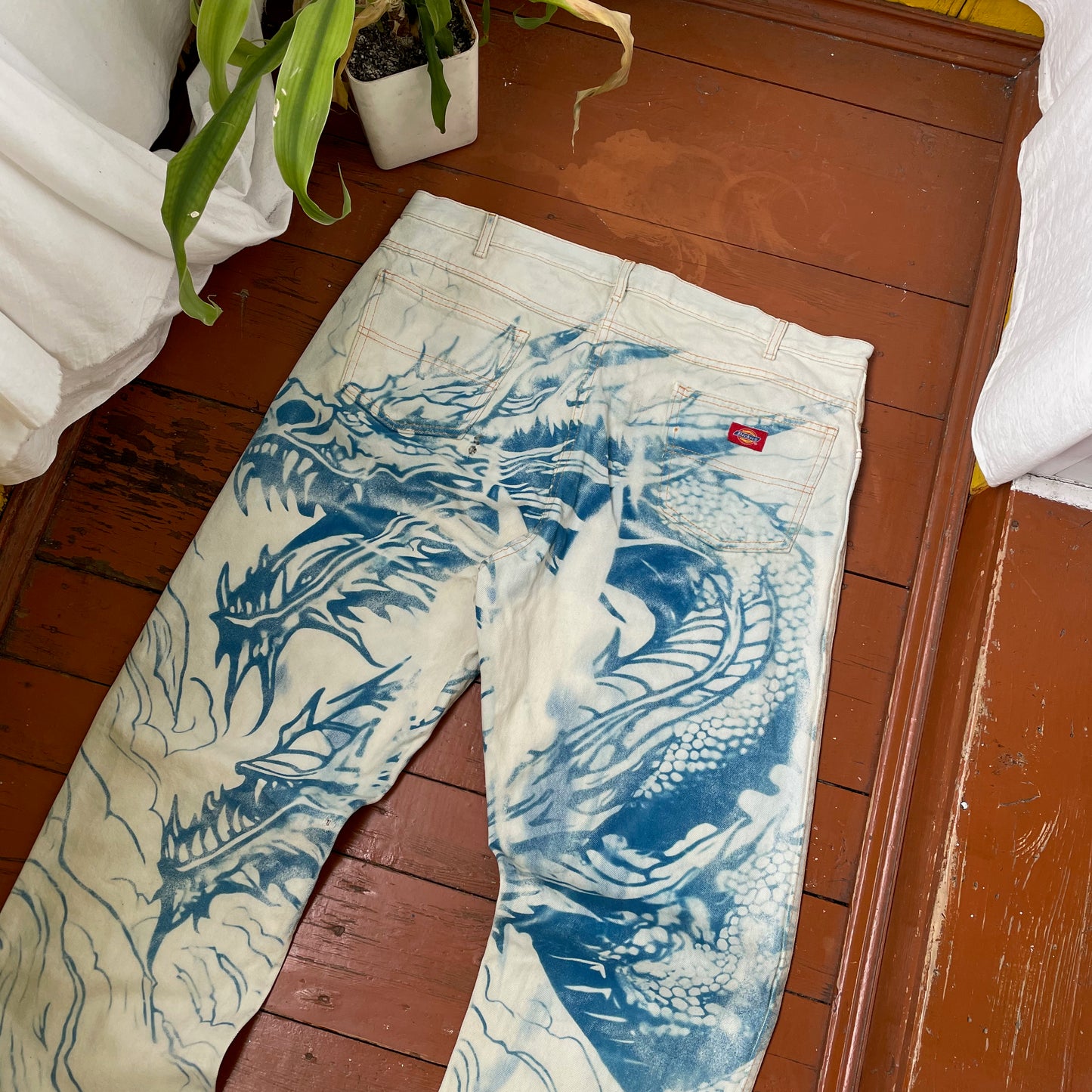 Custom Dickies Dragon Jeans – Hand-Faded Blue Dragon Art | Vintage Workwear 1 of 1