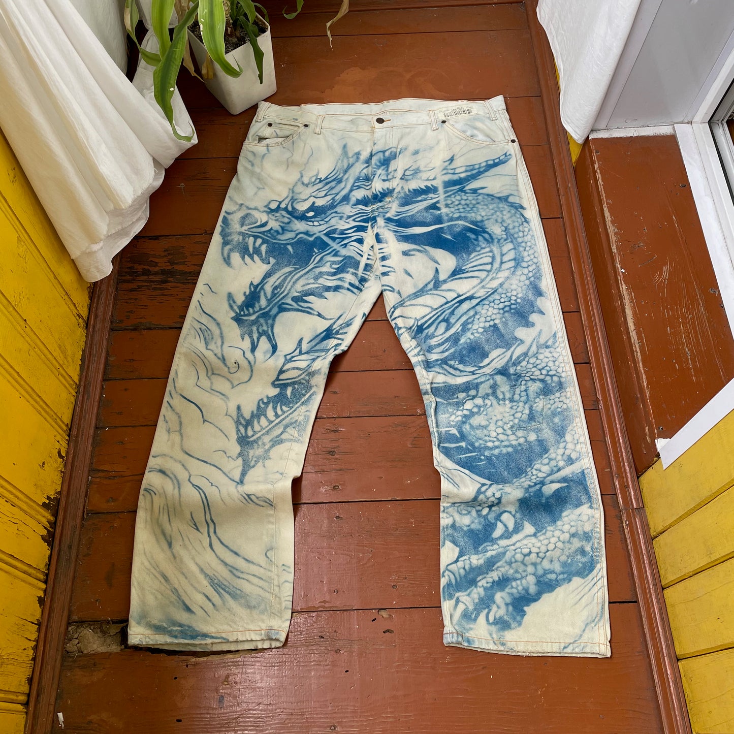 Custom Dickies Dragon Jeans – Hand-Faded Blue Dragon Art | Vintage Workwear 1 of 1