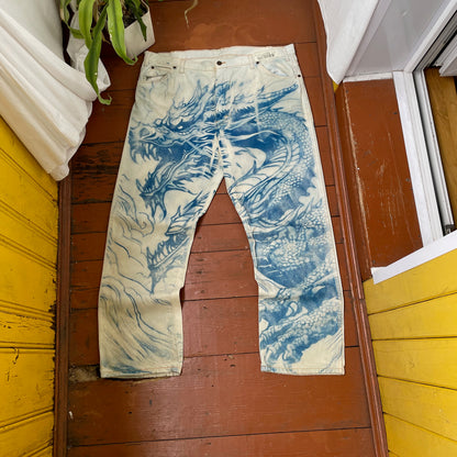 Custom Dickies Dragon Jeans – Hand-Faded Blue Dragon Art | Vintage Workwear 1 of 1