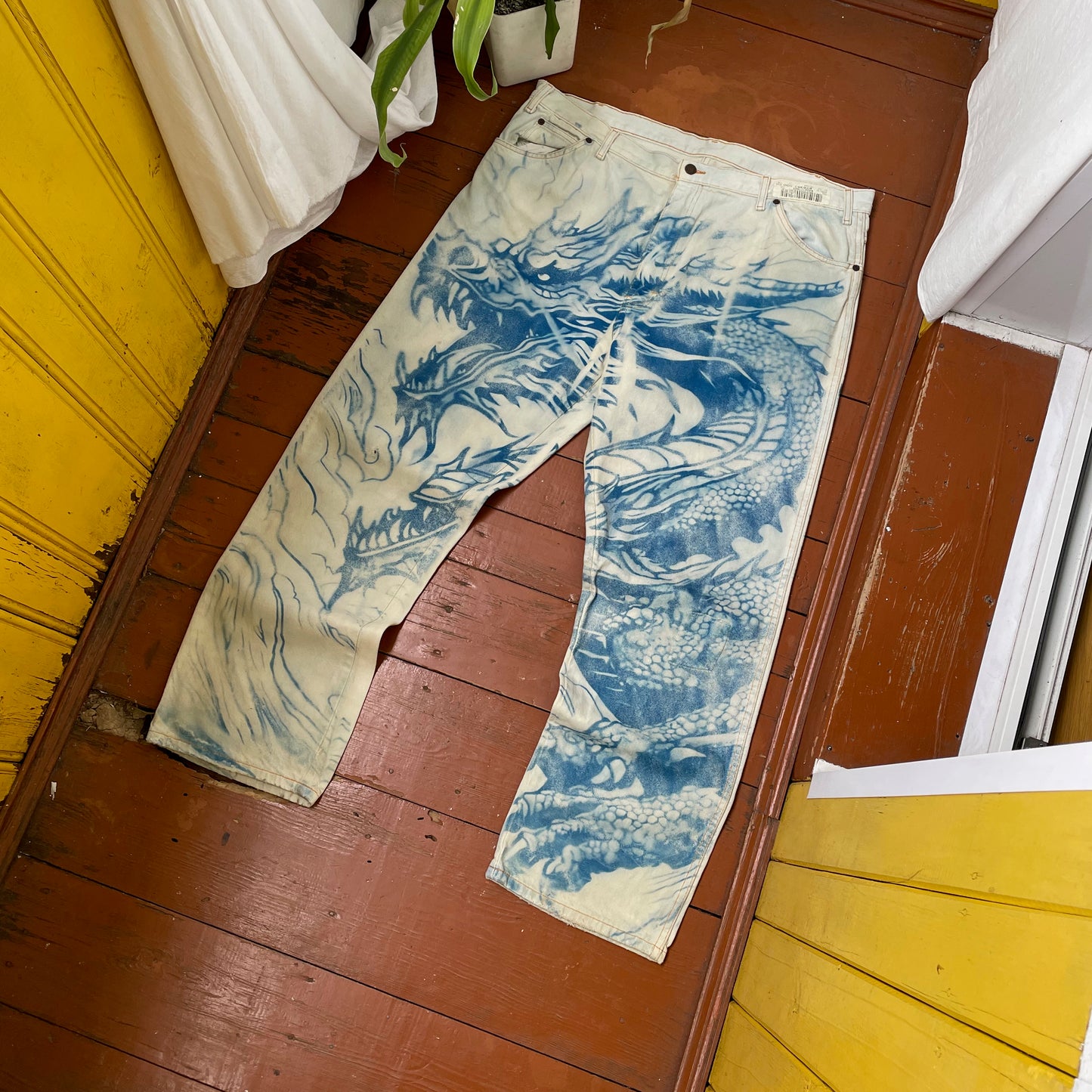 Custom Dickies Dragon Jeans – Hand-Faded Blue Dragon Art | Vintage Workwear 1 of 1