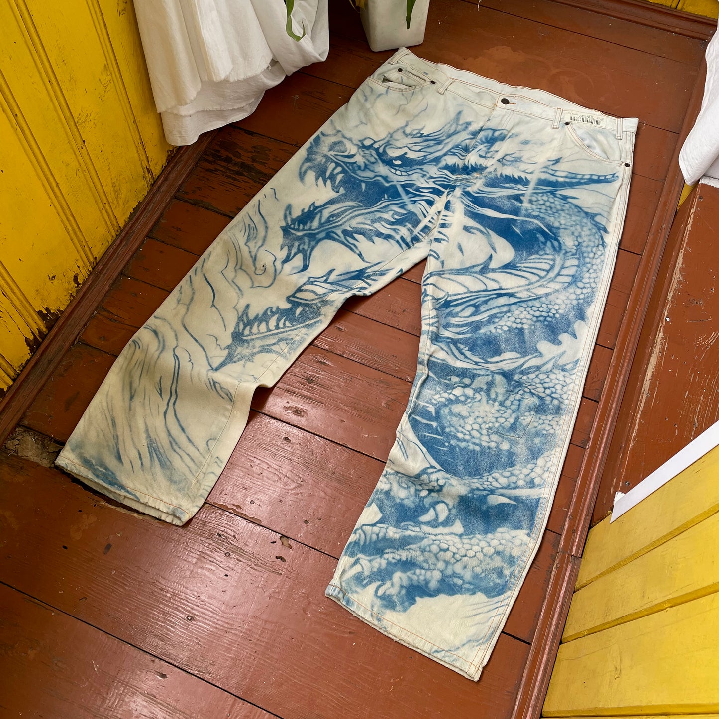 Custom Dickies Dragon Jeans – Hand-Faded Blue Dragon Art | Vintage Workwear 1 of 1