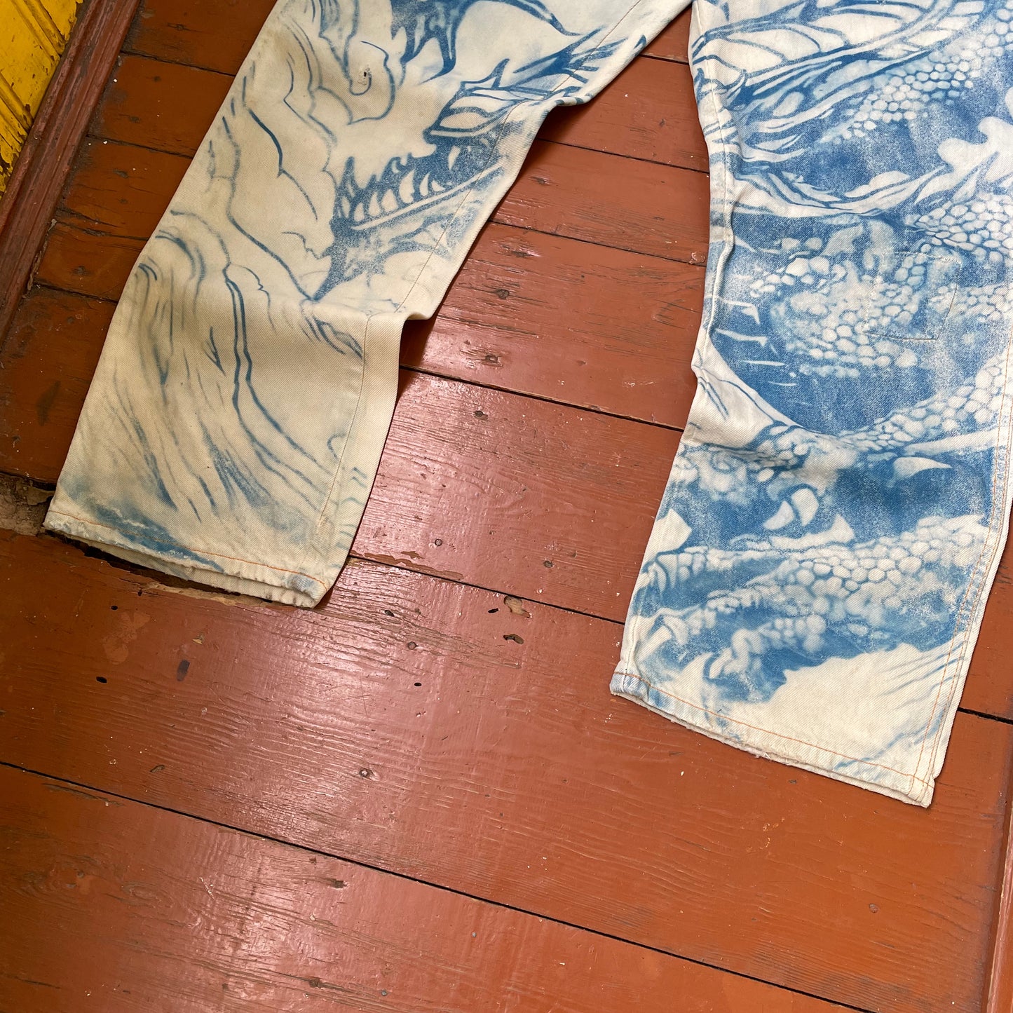 Custom Dickies Dragon Jeans – Hand-Faded Blue Dragon Art | Vintage Workwear 1 of 1