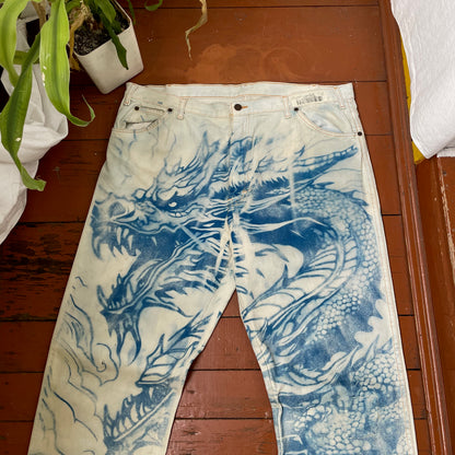 Custom Dickies Dragon Jeans – Hand-Faded Blue Dragon Art | Vintage Workwear 1 of 1