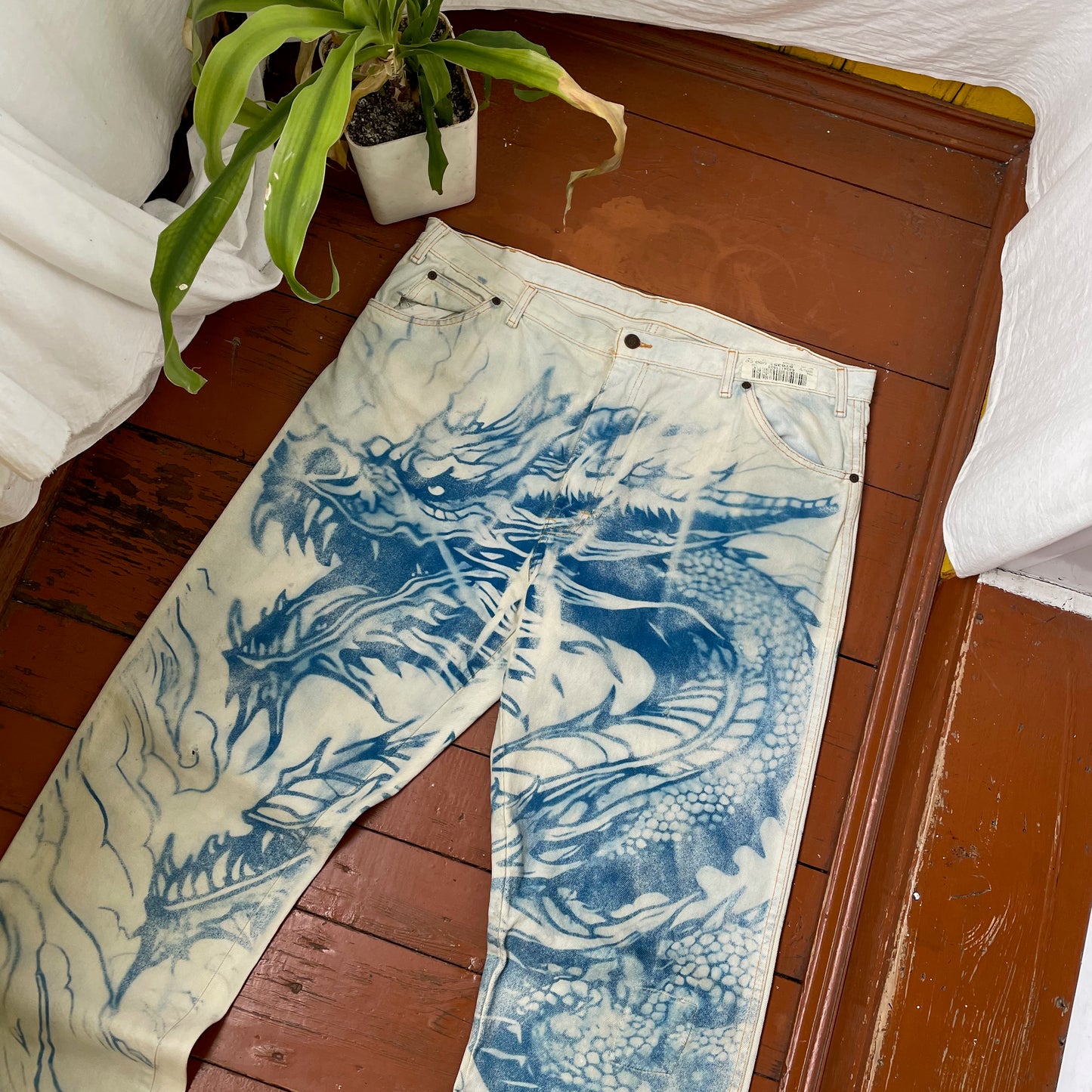Custom Dickies Dragon Jeans – Hand-Faded Blue Dragon Art | Vintage Workwear 1 of 1