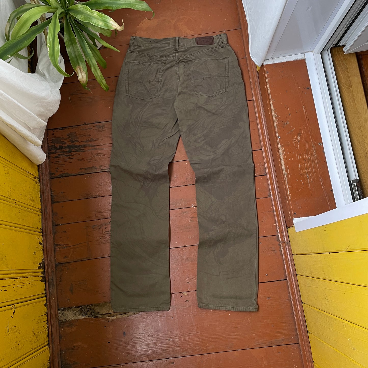 Custom Polo Ralph Lauren Dragon Pants – Olive Green Washed Canvas with Back Dragon Art | 1 of 1