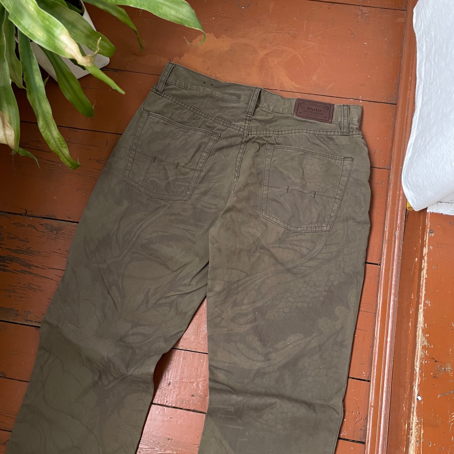 Custom Polo Ralph Lauren Dragon Pants – Olive Green Washed Canvas with Back Dragon Art | 1 of 1