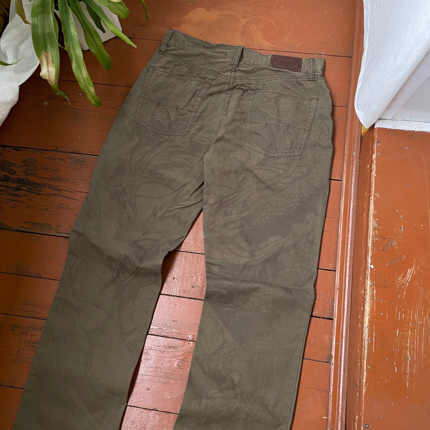 Custom Polo Ralph Lauren Dragon Pants – Olive Green Washed Canvas with Back Dragon Art | 1 of 1