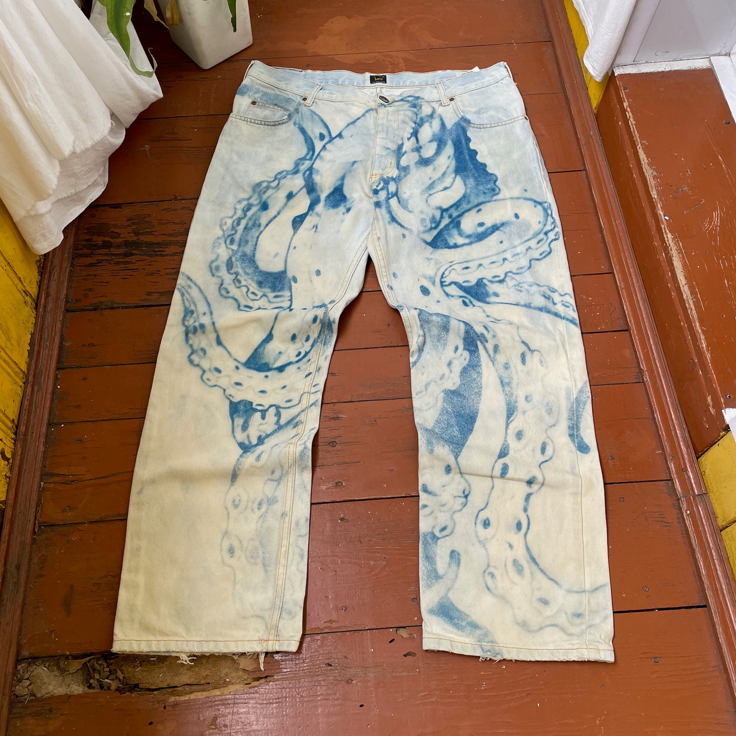 Custom Lee Octopus Jeans – Hand-Faded Blue Tentacle Art | Vintage Denim 1 of 1