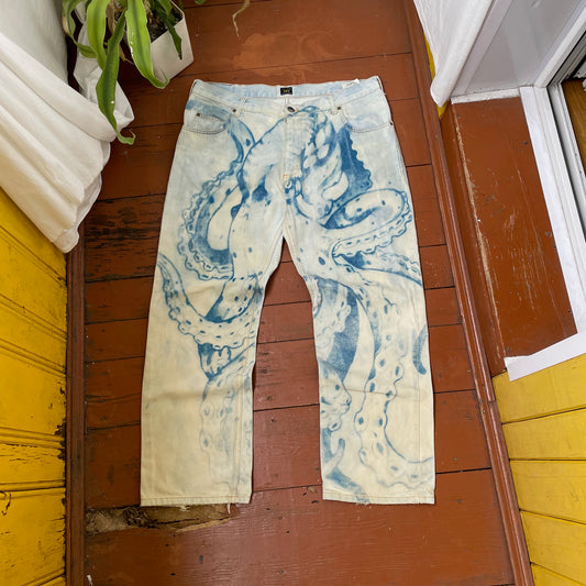 Custom Lee Octopus Jeans – Hand-Faded Blue Tentacle Art | Vintage Denim 1 of 1
