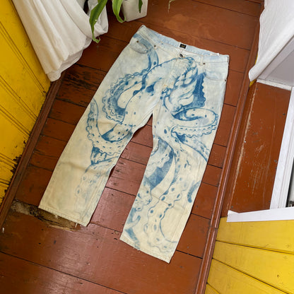 Custom Lee Octopus Jeans – Hand-Faded Blue Tentacle Art | Vintage Denim 1 of 1