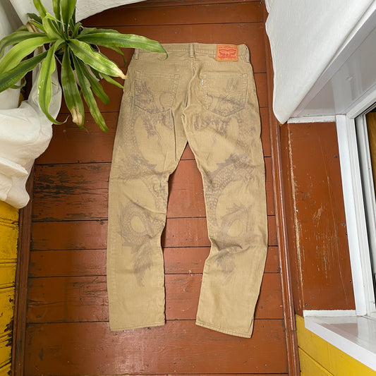 Custom Levi’s Dragon Corduroy Pants – Beige Washed Cord with Back Dragon Art | 1 of 1