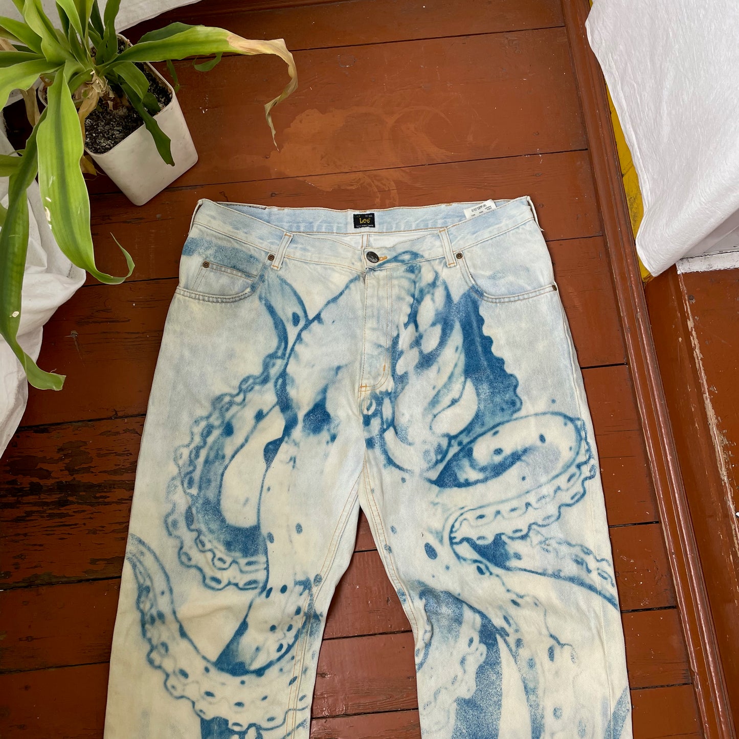 Custom Lee Octopus Jeans – Hand-Faded Blue Tentacle Art | Vintage Denim 1 of 1