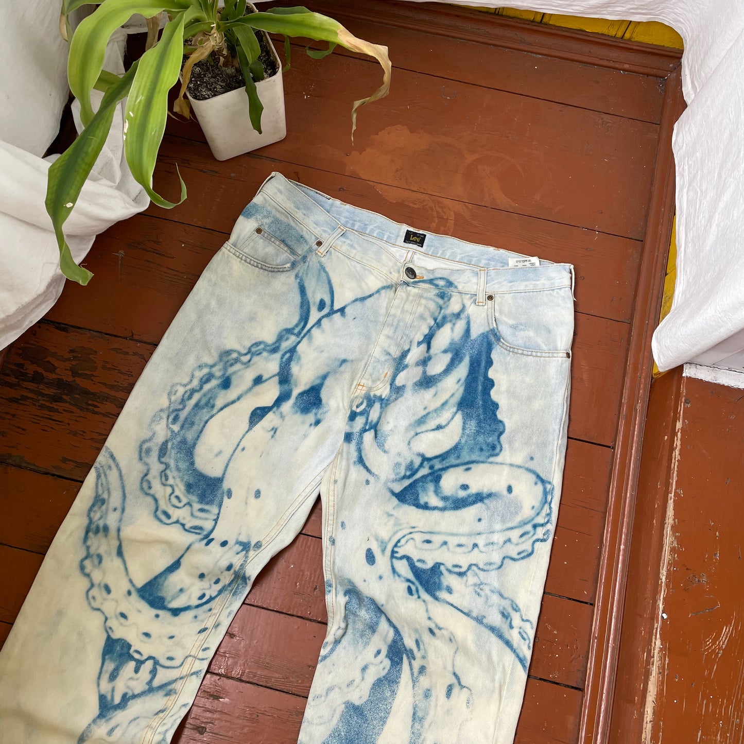 Custom Lee Octopus Jeans – Hand-Faded Blue Tentacle Art | Vintage Denim 1 of 1