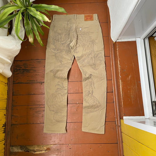 Custom Levi’s Dragon Corduroy Pants – Tan Washed Cord with Large Dragon Print | 1 of 1