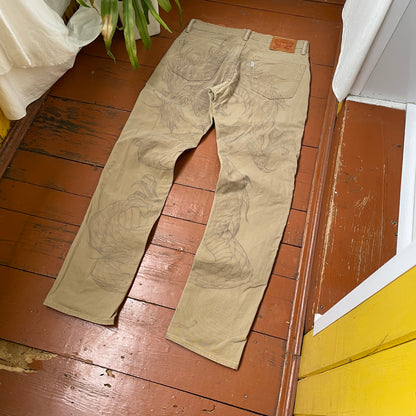 Custom Levi’s Dragon Corduroy Pants – Tan Washed Cord with Large Dragon Print | 1 of 1