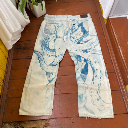 Custom Lee Octopus Jeans – Hand-Faded Blue Tentacle Art | Vintage Denim 1 of 1