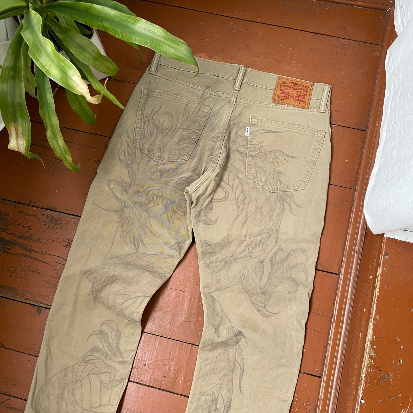 Custom Levi’s Dragon Corduroy Pants – Tan Washed Cord with Large Dragon Print | 1 of 1