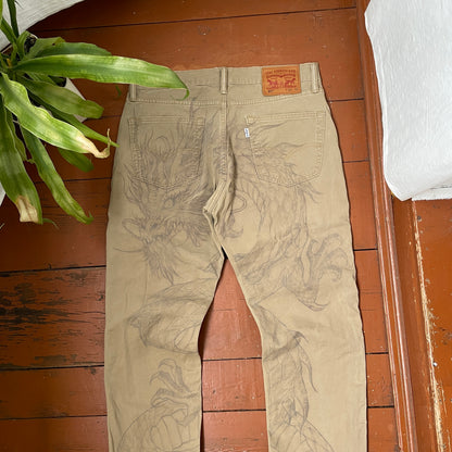 Custom Levi’s Dragon Corduroy Pants – Tan Washed Cord with Large Dragon Print | 1 of 1