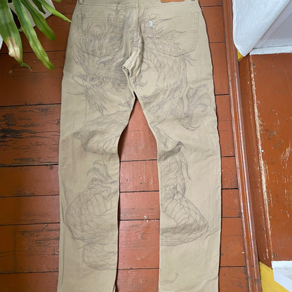 Custom Levi’s Dragon Corduroy Pants – Tan Washed Cord with Large Dragon Print | 1 of 1