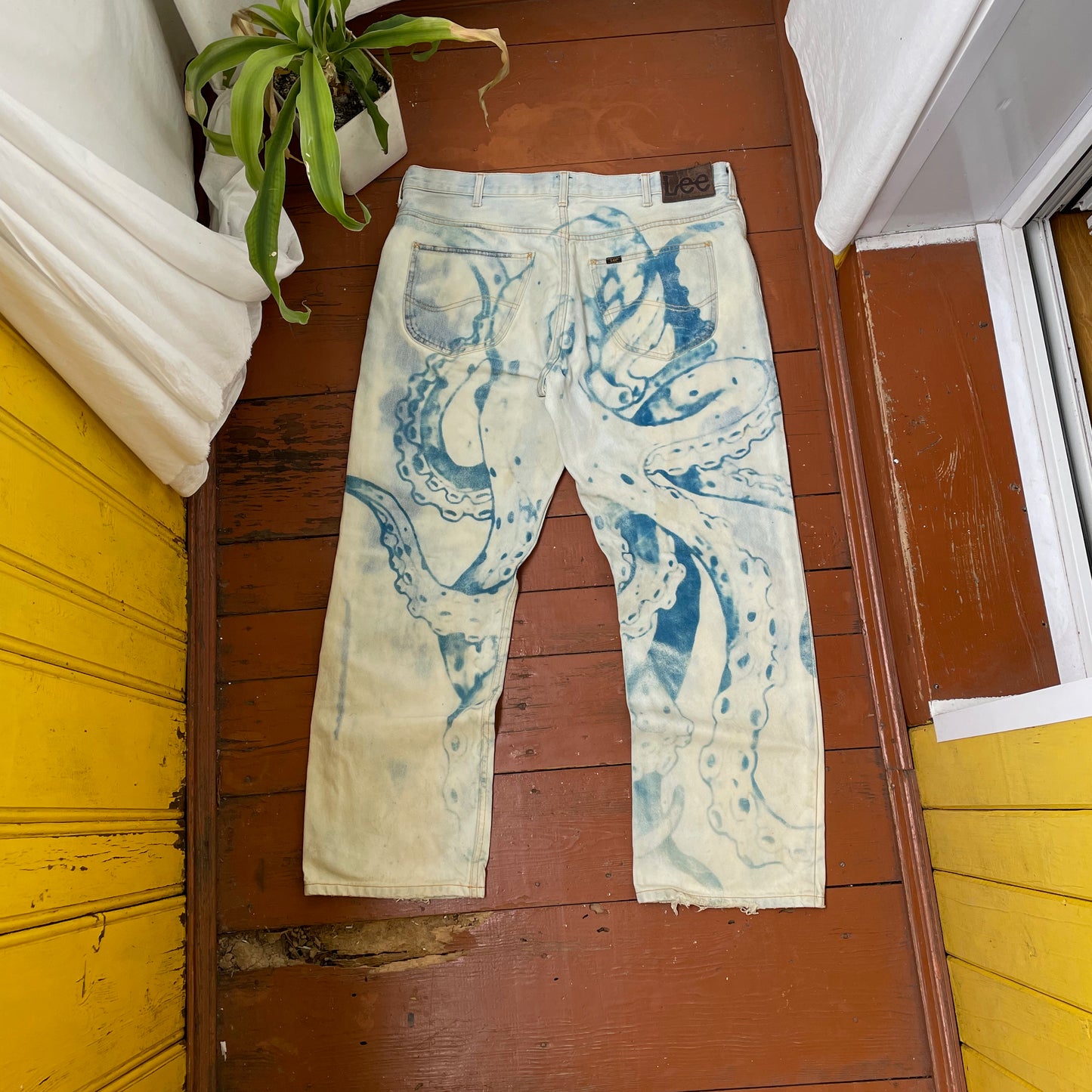 Custom Lee Octopus Jeans – Hand-Faded Blue Tentacle Art | Vintage Denim 1 of 1