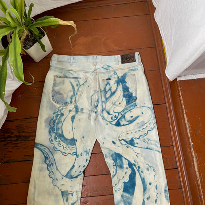 Custom Lee Octopus Jeans – Hand-Faded Blue Tentacle Art | Vintage Denim 1 of 1