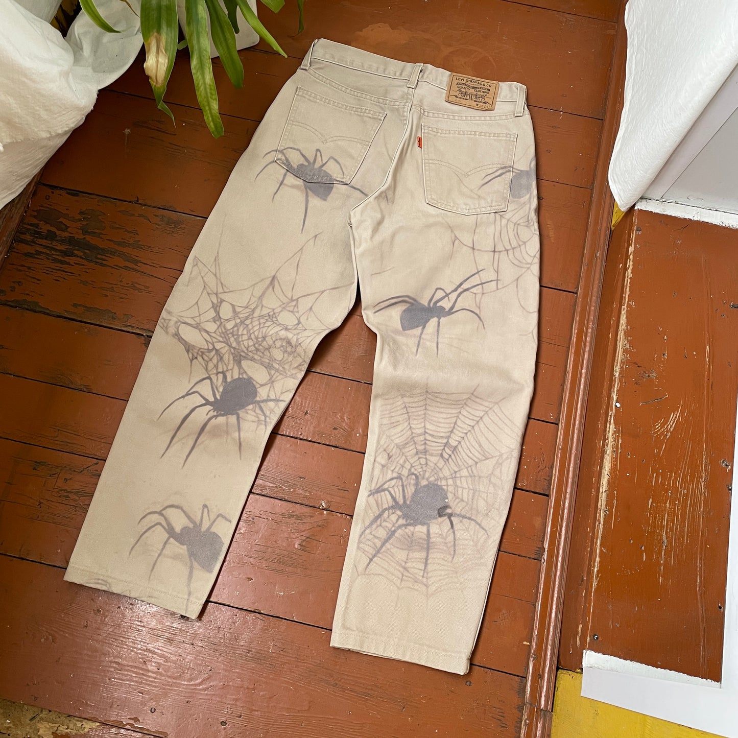 Custom Levi’s Spider Pants – Faded Web and Spider Print on Beige | Vintage 1 of 1 Streetwear