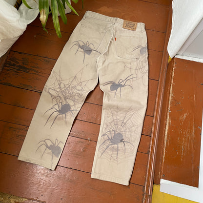Custom Levi’s Spider Pants – Faded Web and Spider Print on Beige | Vintage 1 of 1 Streetwear