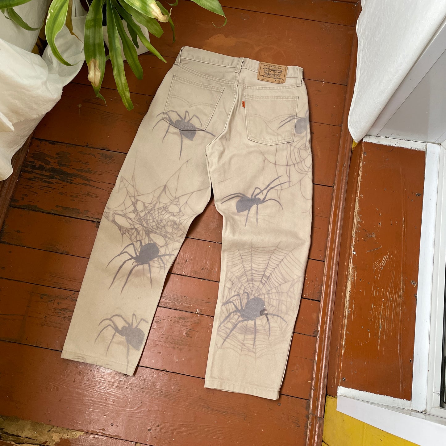 Custom Levi’s Spider Pants – Faded Web and Spider Print on Beige | Vintage 1 of 1 Streetwear