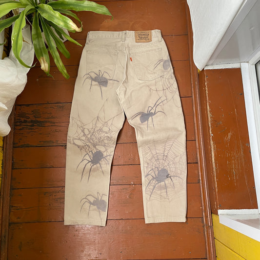 Custom Levi’s Spider Pants – Faded Web and Spider Print on Beige | Vintage 1 of 1 Streetwear