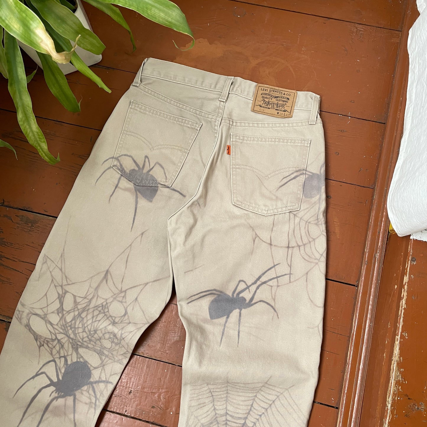 Custom Levi’s Spider Pants – Faded Web and Spider Print on Beige | Vintage 1 of 1 Streetwear