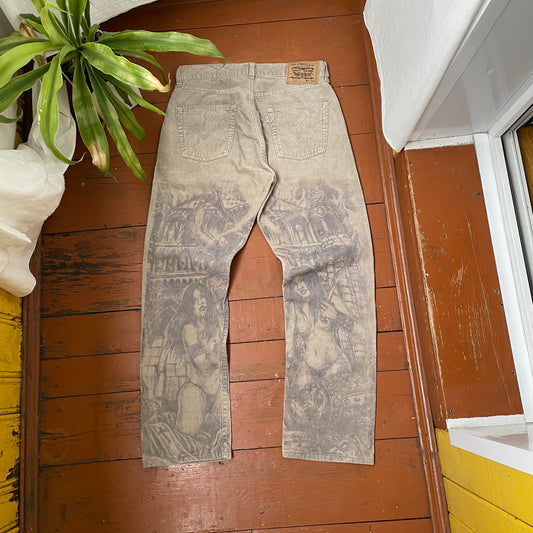 Custom Levi’s Medieval Pants – Dark Gothic Art Print on Beige Corduroy | Handcrafted 1 of 1 Vintage