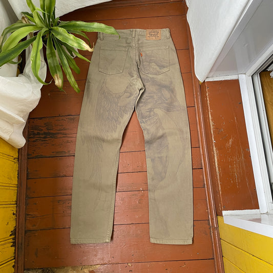 Custom Levi’s Skull & Wing Pants – Handprinted Bleach Art on Khaki | Vintage Grunge 1 of 1