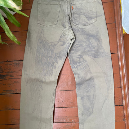 Custom Levi’s Skull & Wing Pants – Handprinted Bleach Art on Khaki | Vintage Grunge 1 of 1