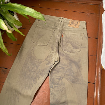 Custom Levi’s Skull & Wing Pants – Handprinted Bleach Art on Khaki | Vintage Grunge 1 of 1