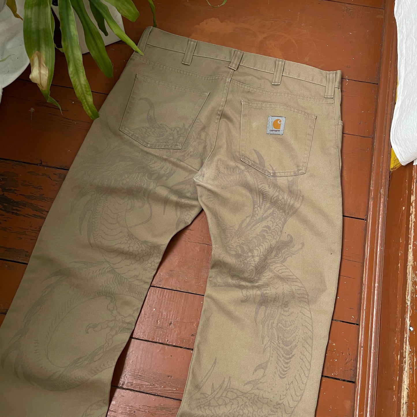 Custom Carhartt Dragon Pants – Faded Khaki Dragon Art | Vintage Workwear 1 of 1