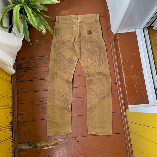 Custom Carhartt Dragon Pants – Faded Brown Dragon Art | Vintage Canvas Workwear 1 of 1