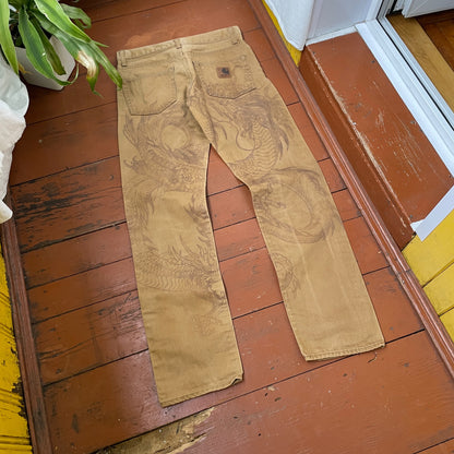 Custom Carhartt Dragon Pants – Faded Brown Dragon Art | Vintage Canvas Workwear 1 of 1