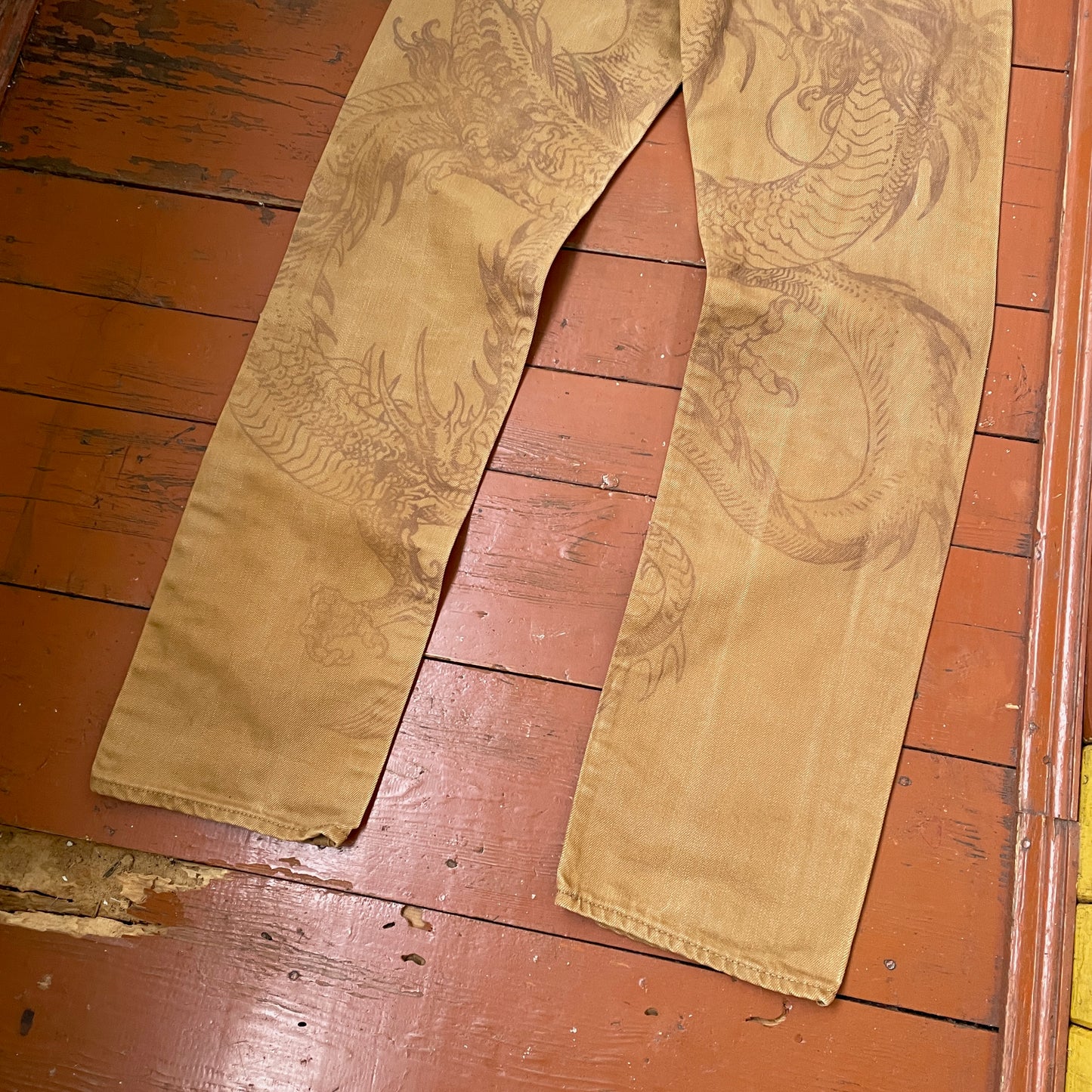 Custom Carhartt Dragon Pants – Faded Brown Dragon Art | Vintage Canvas Workwear 1 of 1