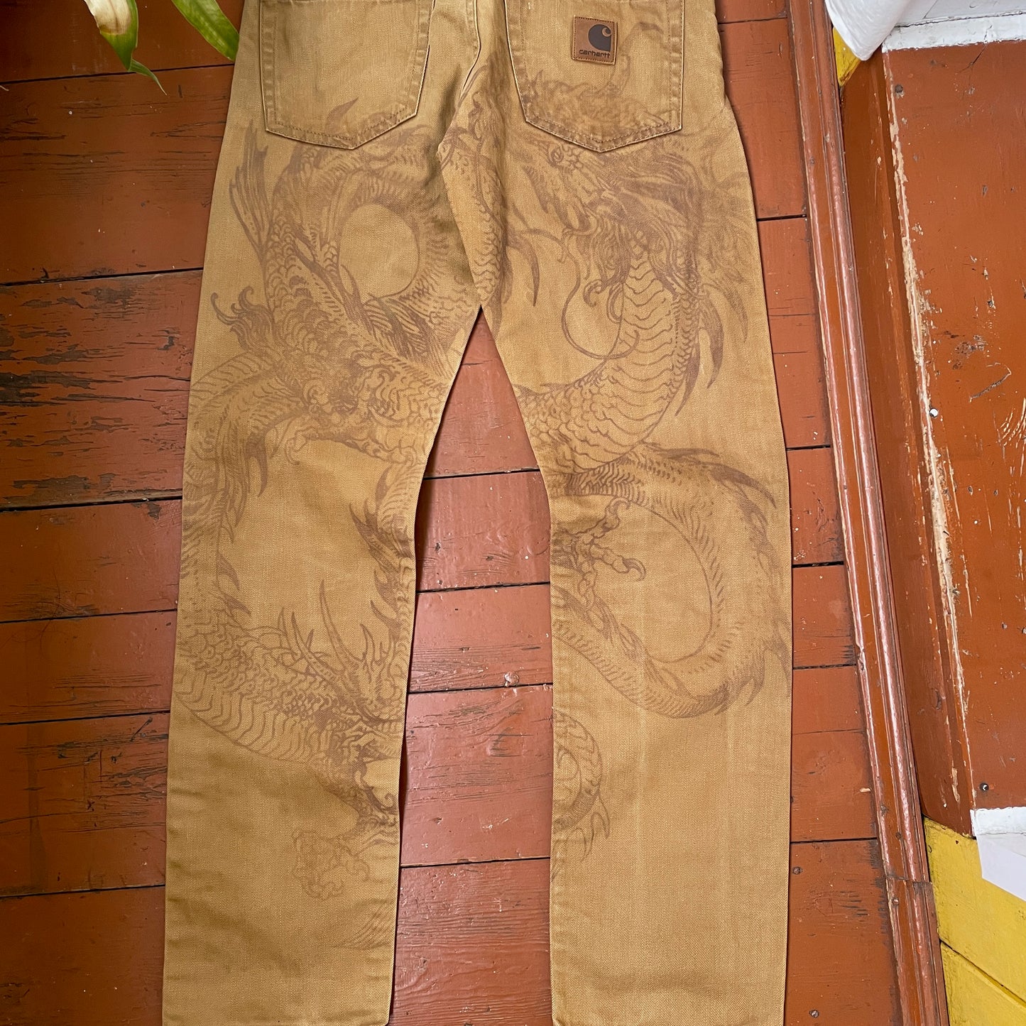 Custom Carhartt Dragon Pants – Faded Brown Dragon Art | Vintage Canvas Workwear 1 of 1