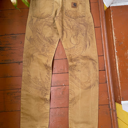 Custom Carhartt Dragon Pants – Faded Brown Dragon Art | Vintage Canvas Workwear 1 of 1