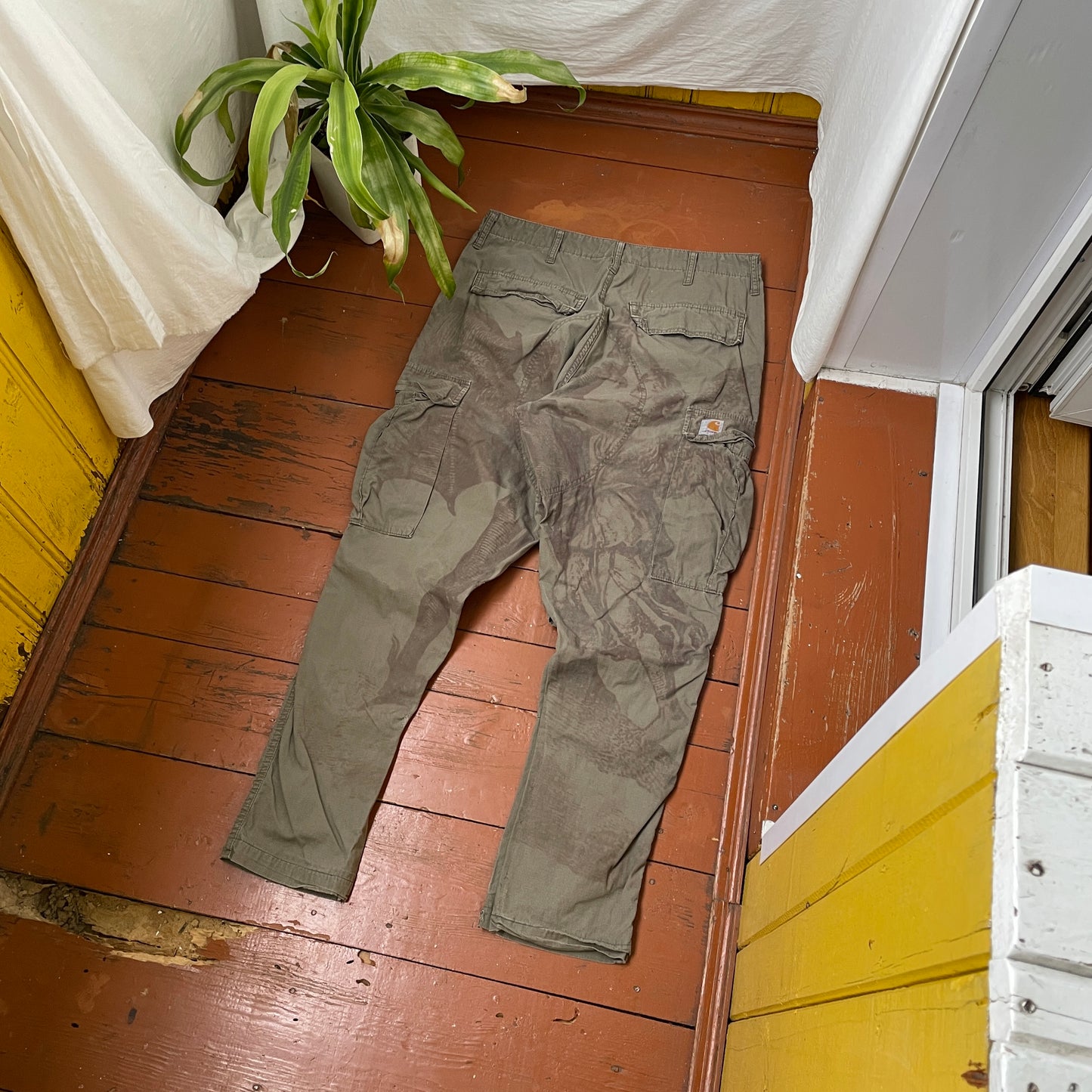Custom Carhartt Cargo Pants – Olive Angel & Demon Print | Vintage Workwear 1 of 1