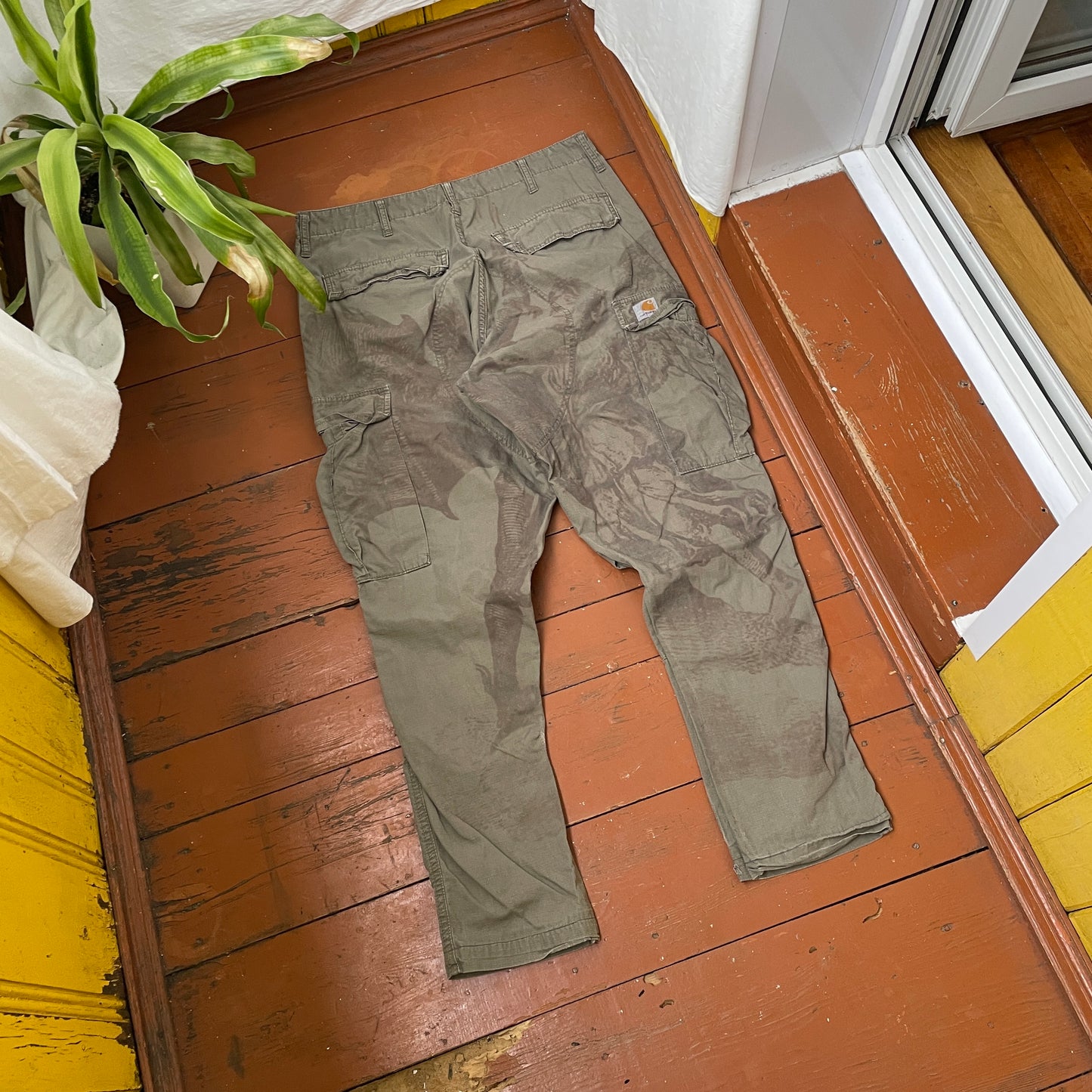 Custom Carhartt Cargo Pants – Olive Angel & Demon Print | Vintage Workwear 1 of 1