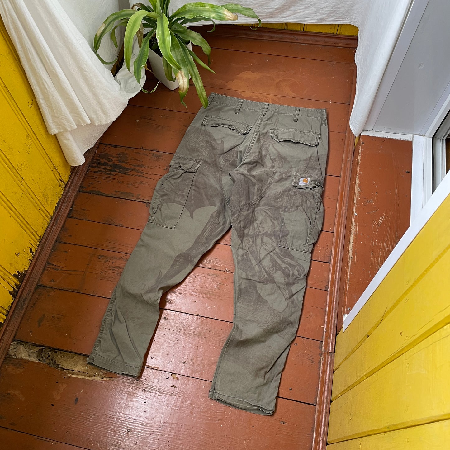 Custom Carhartt Cargo Pants – Olive Angel & Demon Print | Vintage Workwear 1 of 1