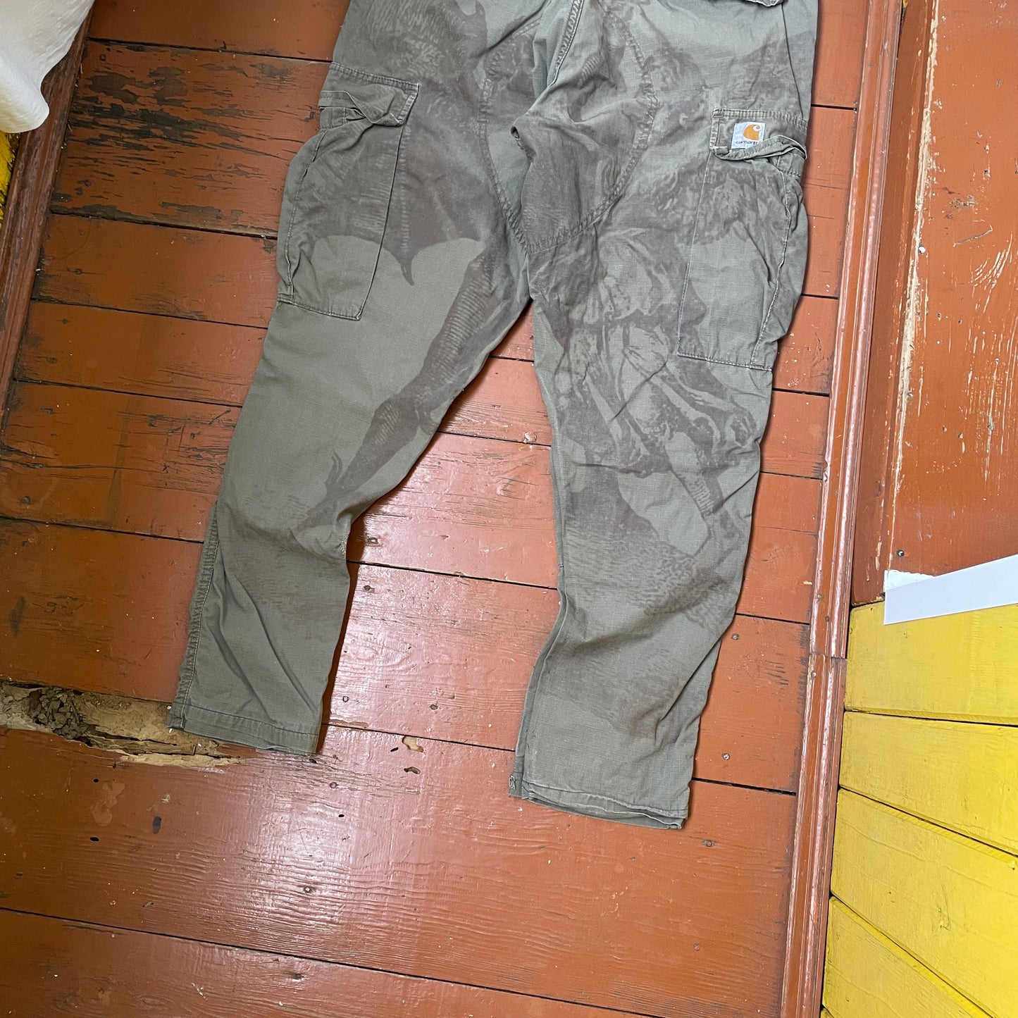 Custom Carhartt Cargo Pants – Olive Angel & Demon Print | Vintage Workwear 1 of 1