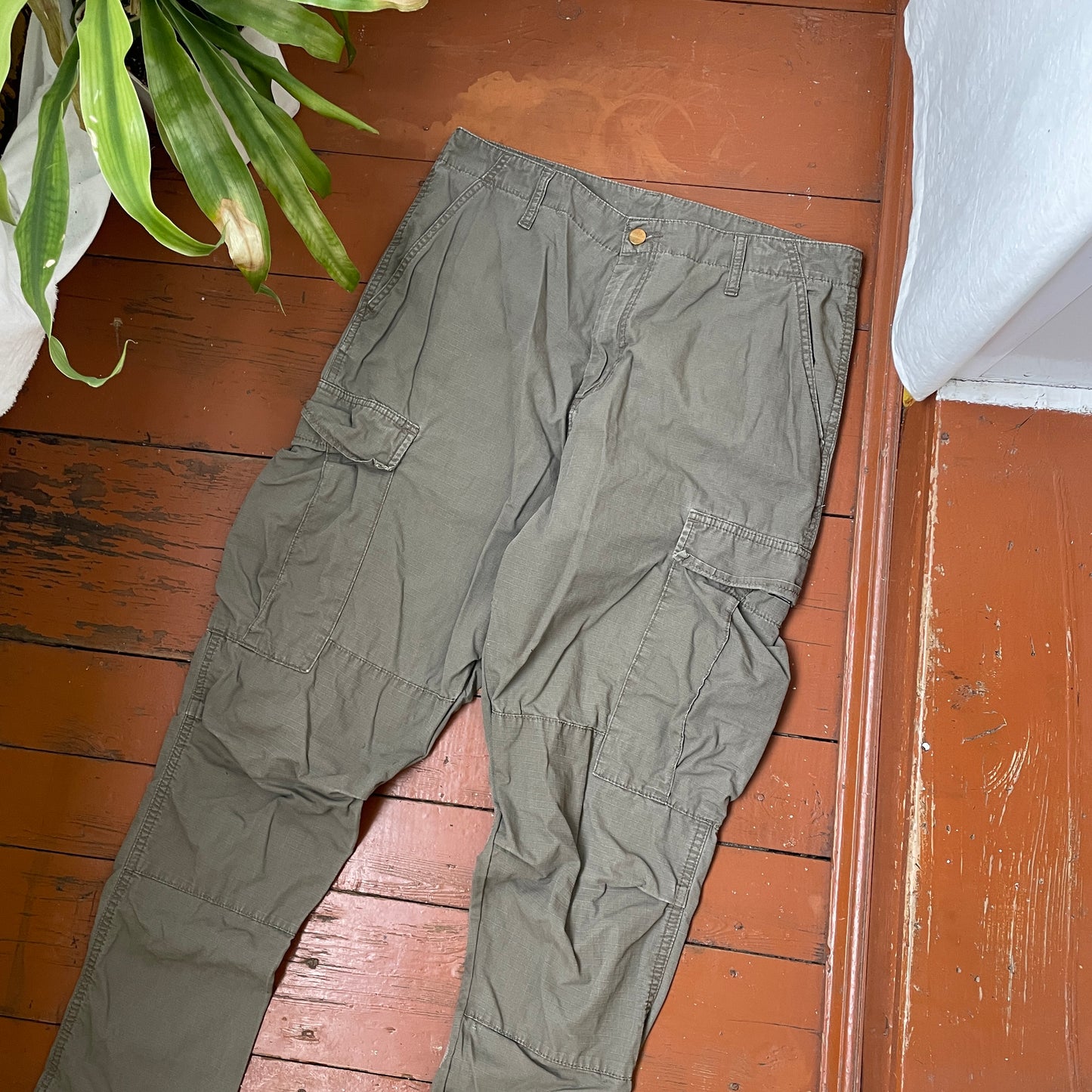 Custom Carhartt Cargo Pants – Olive Angel & Demon Print | Vintage Workwear 1 of 1