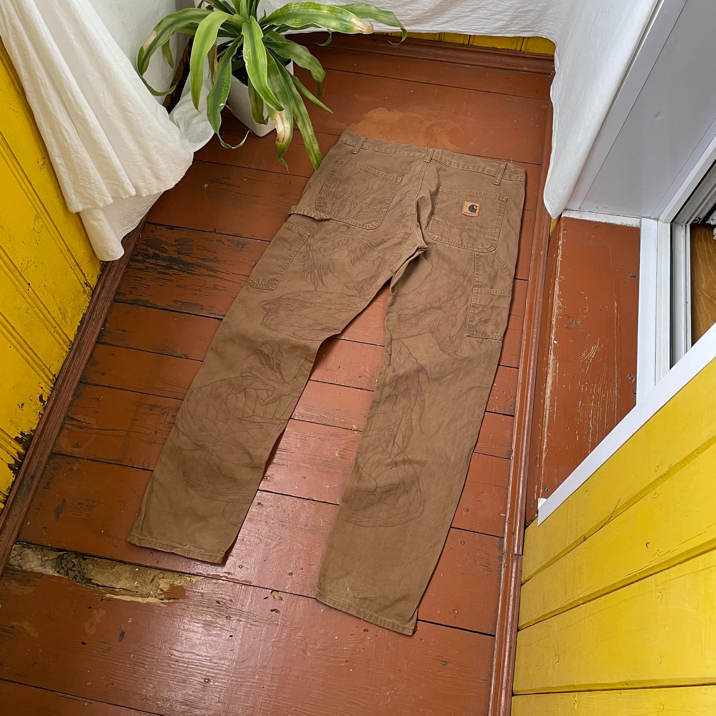 Custom Carhartt Dragon Pants – Faded Brown Canvas with Bleached Mythical Beast Art | Vintage Workwear 1 of 1