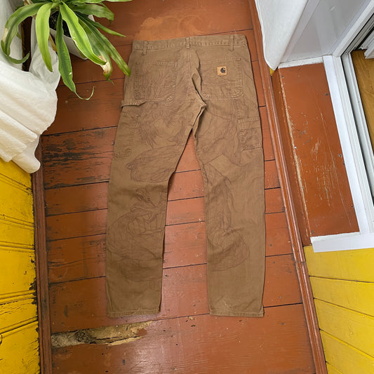 Custom Carhartt Dragon Pants – Faded Brown Canvas with Bleached Mythical Beast Art | Vintage Workwear 1 of 1
