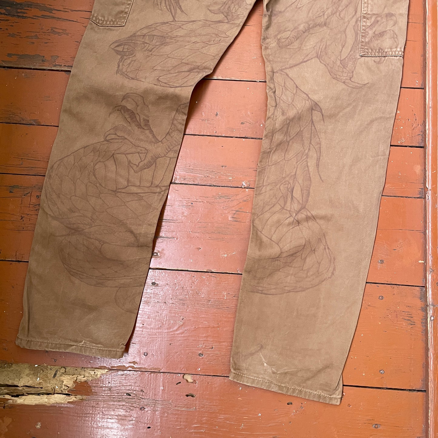 Custom Carhartt Dragon Pants – Faded Brown Canvas with Bleached Mythical Beast Art | Vintage Workwear 1 of 1
